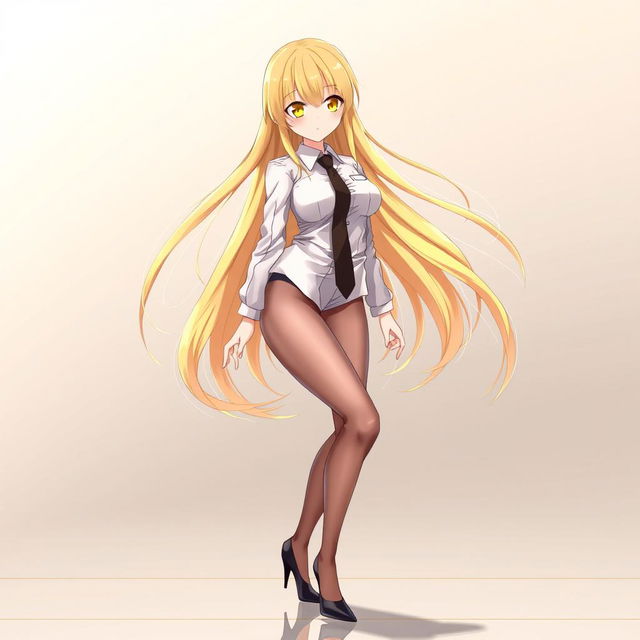 An anime girl with striking yellow eyes and long, flowing yellow hair, dressed in a crisp white shirt with a black tie