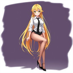 An anime girl with striking yellow eyes and long, flowing yellow hair, dressed in a crisp white shirt with a black tie