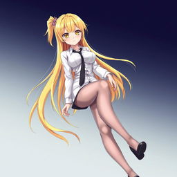 An anime girl with striking yellow eyes and long, flowing yellow hair, dressed in a crisp white shirt with a black tie