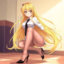 An anime girl with striking yellow eyes and long, flowing yellow hair, dressed in a crisp white shirt with a black tie
