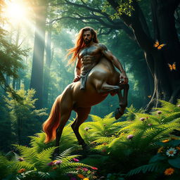 A majestic centaur standing gracefully in a lush, vibrant forest