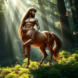 A majestic centaur standing gracefully in a lush, vibrant forest