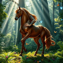 A majestic centaur standing gracefully in a lush, vibrant forest