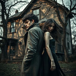 A young detective seen from the side, casually leaning against a young paranormal figure, both depicting a sense of intrigue