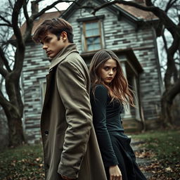 A young detective seen from the side, casually leaning against a young paranormal figure, both depicting a sense of intrigue