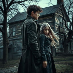 A young detective seen from the side, casually leaning against a young paranormal figure, both depicting a sense of intrigue