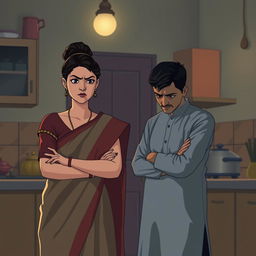 In a dimly lit kitchen, a young woman (Bahu, 24 years old) with fair skin and black hair tied in a bun, wearing a traditional saree, stands with soft features but an angry expression, arms crossed
