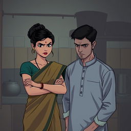 In a dimly lit kitchen, a young woman (Bahu, 24 years old) with fair skin and black hair tied in a bun, wearing a traditional saree, stands with soft features but an angry expression, arms crossed