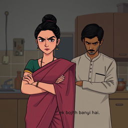 In a dimly lit kitchen, a young woman (Bahu, 24 years old) with fair skin and black hair tied in a bun, wearing a traditional saree, stands with soft features but an angry expression, arms crossed
