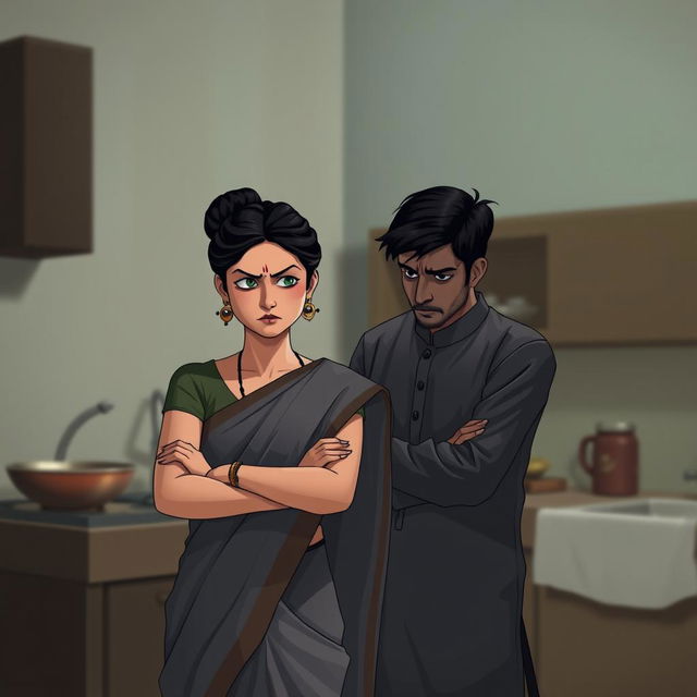 In a dimly lit kitchen, a young woman (Bahu, 24 years old) with fair skin and black hair tied in a bun, wearing a traditional saree, stands with soft features but an angry expression, arms crossed