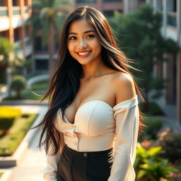 A beautiful Indonesian university student with large breasts, possessing long, flowing black hair and a playful, captivating smile