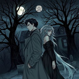A young male detective seen from the side, casually leaning against a young paranormal figure, both depicting an intriguing bond