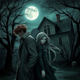 A young male detective seen from the side, casually leaning against a young paranormal figure, both depicting an intriguing bond