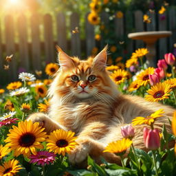 A fluffy orange tabby cat lounging in a vibrant garden filled with colorful flowers like sunflowers, daisies, and tulips