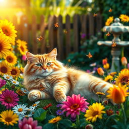 A fluffy orange tabby cat lounging in a vibrant garden filled with colorful flowers like sunflowers, daisies, and tulips