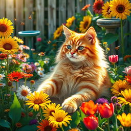 A fluffy orange tabby cat lounging in a vibrant garden filled with colorful flowers like sunflowers, daisies, and tulips