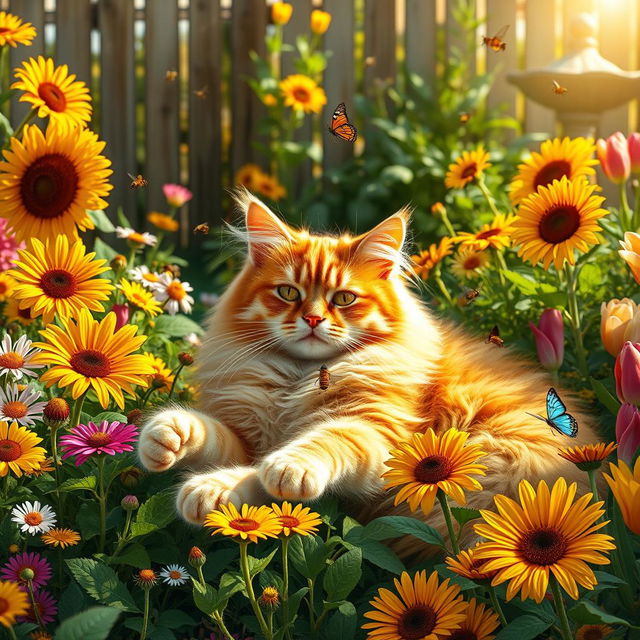 A fluffy orange tabby cat lounging in a vibrant garden filled with colorful flowers like sunflowers, daisies, and tulips