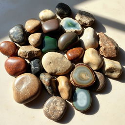A collection of beautifully shaped and textured stones, arranged artfully on a smooth surface