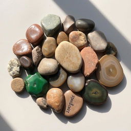 A collection of beautifully shaped and textured stones, arranged artfully on a smooth surface