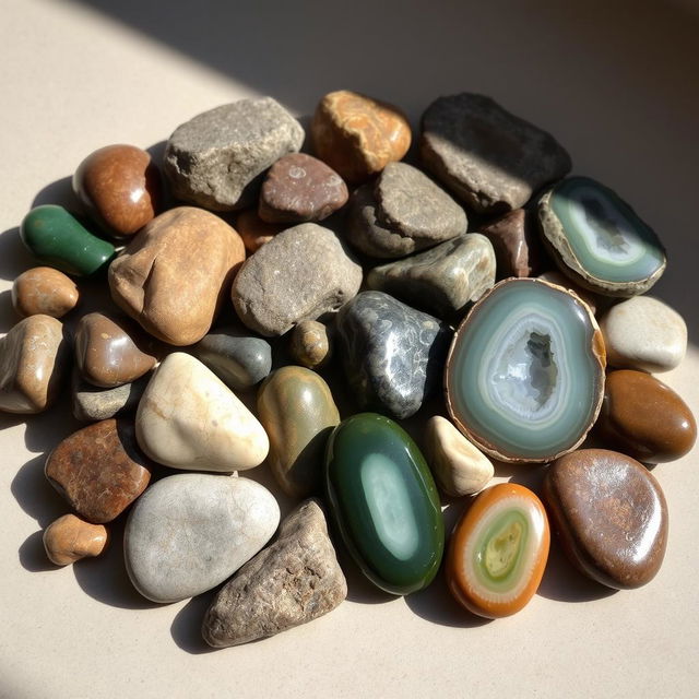 A collection of beautifully shaped and textured stones, arranged artfully on a smooth surface