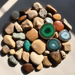 A collection of beautifully shaped and textured stones, arranged artfully on a smooth surface