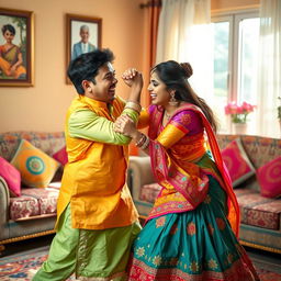 A lively and humorous depiction of a brother and sister playfully fighting, showcasing their playful expressions and dynamic poses