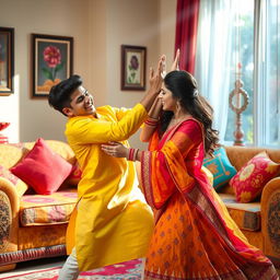A lively and humorous depiction of a brother and sister playfully fighting, showcasing their playful expressions and dynamic poses