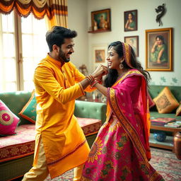 A lively and humorous depiction of a brother and sister playfully fighting, showcasing their playful expressions and dynamic poses