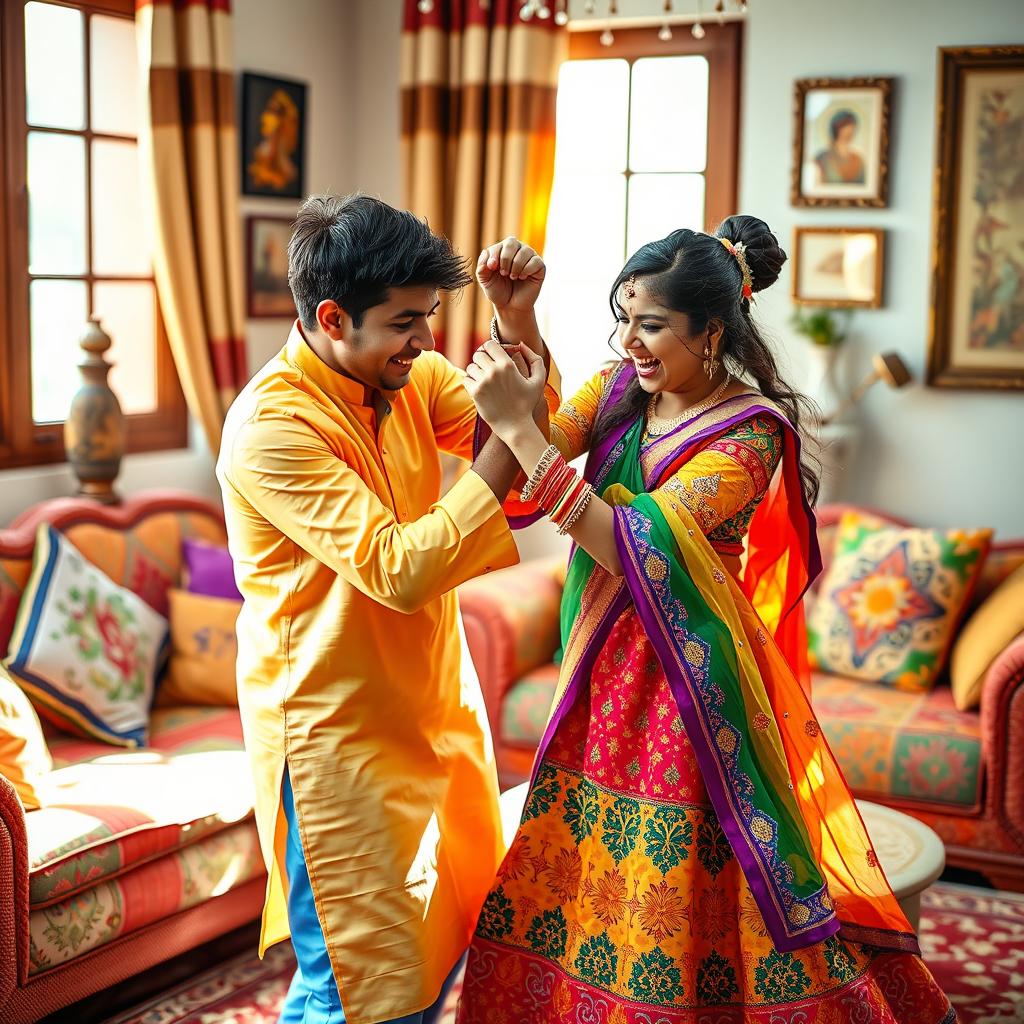 A lively and humorous depiction of a brother and sister playfully fighting, showcasing their playful expressions and dynamic poses