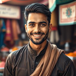 A stunning portrait of a character named Murtaza, capturing a man in his early 30s with a charming smile and warm brown eyes