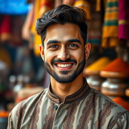 A stunning portrait of a character named Murtaza, capturing a man in his early 30s with a charming smile and warm brown eyes