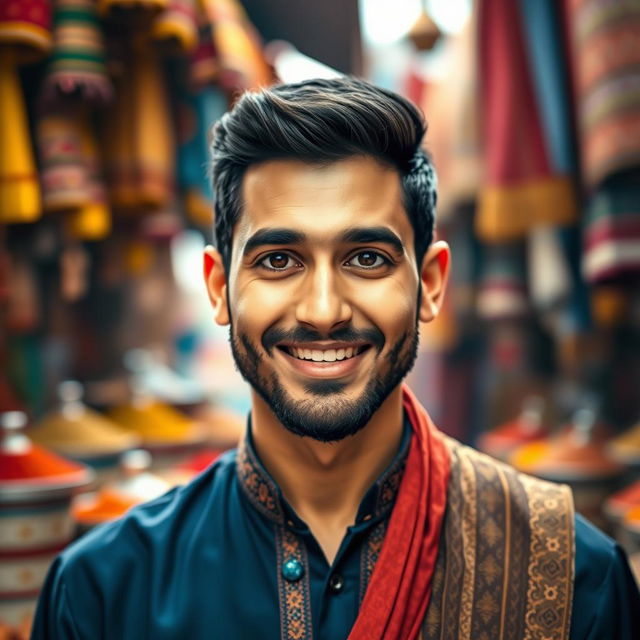 A stunning portrait of a character named Murtaza, capturing a man in his early 30s with a charming smile and warm brown eyes