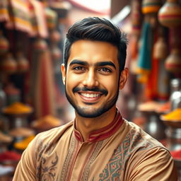 A stunning portrait of a character named Murtaza, capturing a man in his early 30s with a charming smile and warm brown eyes