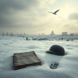 A snow-covered landscape under a gray sky with soft, diffused light gently illuminating the ground
