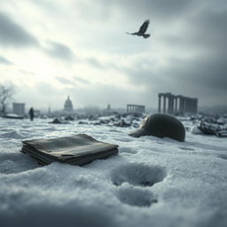 A snow-covered landscape under a gray sky with soft, diffused light gently illuminating the ground