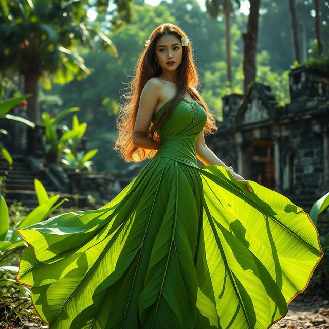 A beautiful woman standing gracefully in an ancient setting, wearing a dress made entirely of vibrant green banana leaves, intricately woven to form an elegant garment