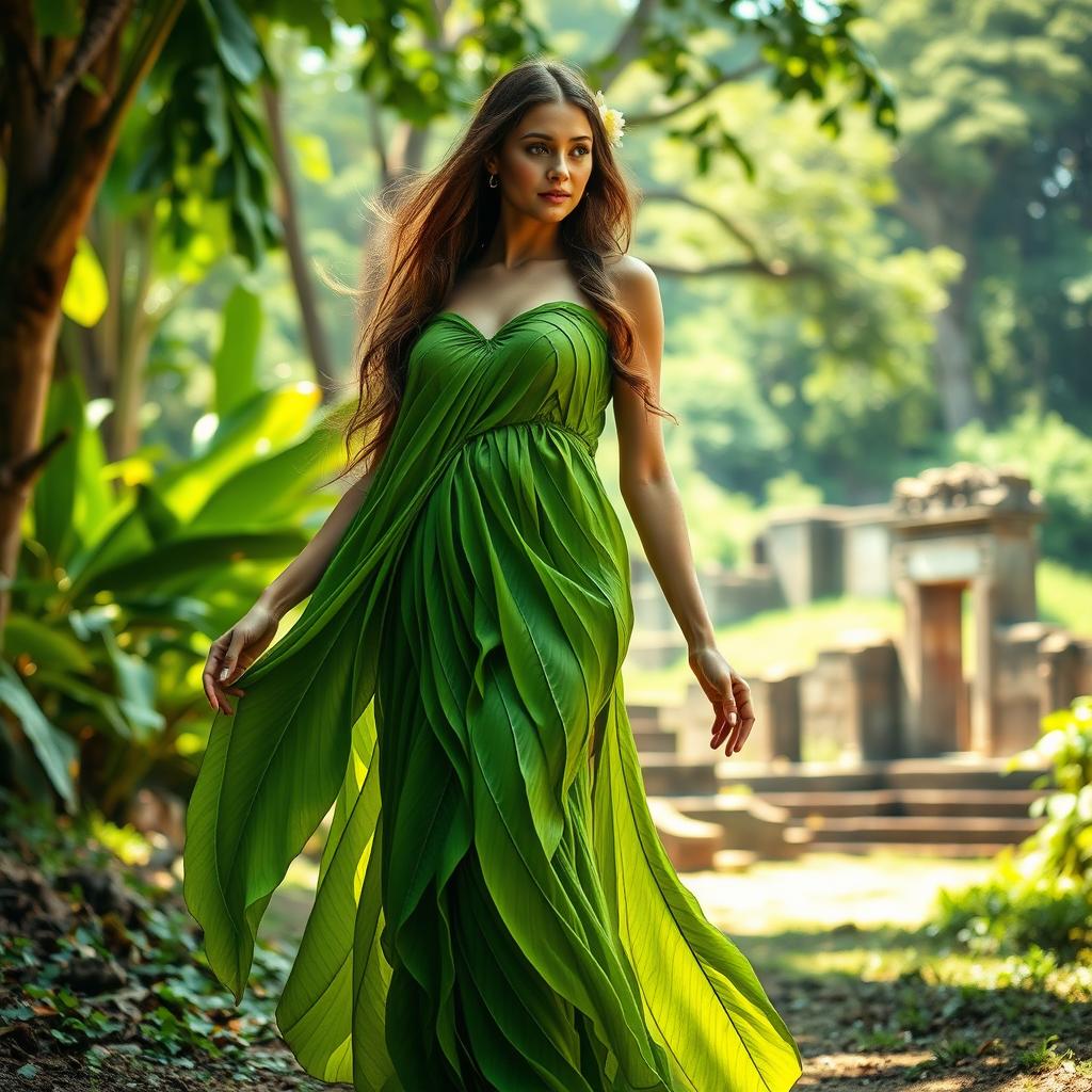 A beautiful woman standing gracefully in an ancient setting, wearing a dress made entirely of vibrant green banana leaves, intricately woven to form an elegant garment