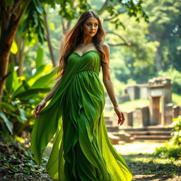 A beautiful woman standing gracefully in an ancient setting, wearing a dress made entirely of vibrant green banana leaves, intricately woven to form an elegant garment