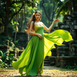 A beautiful woman standing gracefully in an ancient setting, wearing a dress made entirely of vibrant green banana leaves, intricately woven to form an elegant garment