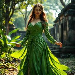 A beautiful woman standing gracefully in an ancient setting, wearing a dress made entirely of vibrant green banana leaves, intricately woven to form an elegant garment