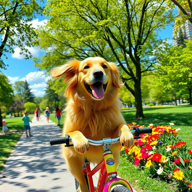 A joyful large golden retriever riding a colorful bicycle on a sunny day in a vibrant park