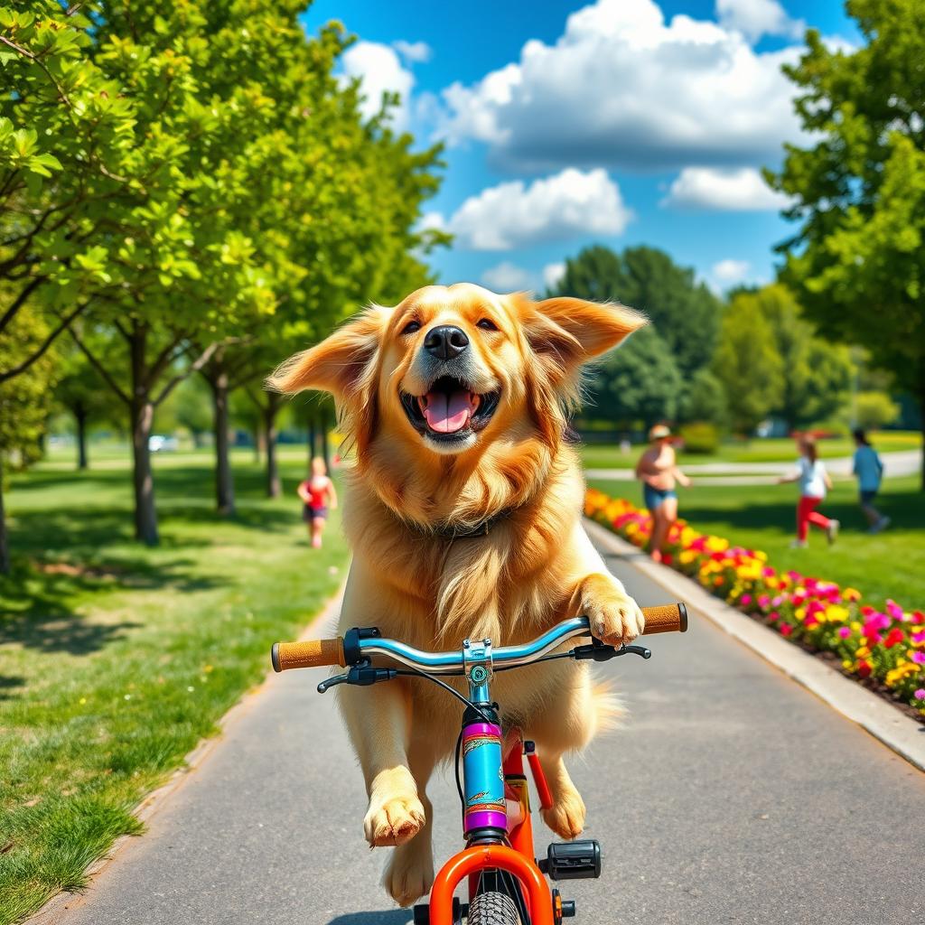 A joyful large golden retriever riding a colorful bicycle on a sunny day in a vibrant park