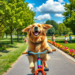 A joyful large golden retriever riding a colorful bicycle on a sunny day in a vibrant park