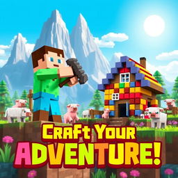 A vibrant Minecraft thumbnail featuring an adventurous scene with a character building a house made of colorful blocks