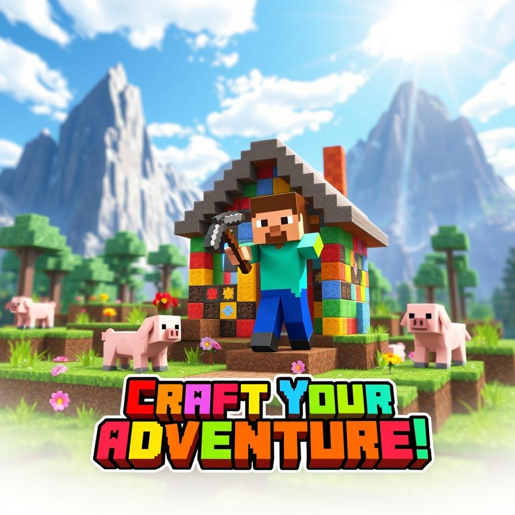 A vibrant Minecraft thumbnail featuring an adventurous scene with a character building a house made of colorful blocks