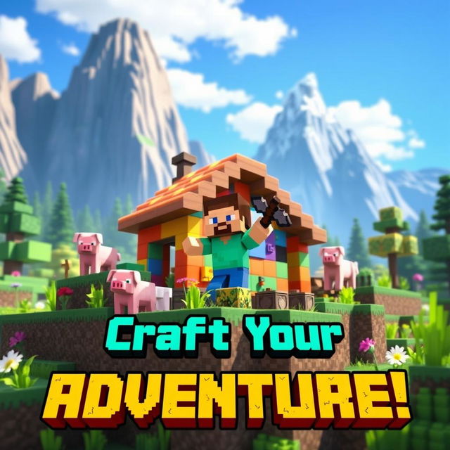 A vibrant Minecraft thumbnail featuring an adventurous scene with a character building a house made of colorful blocks