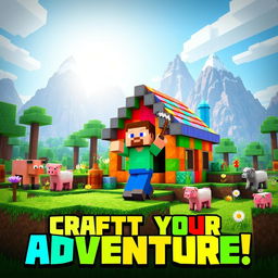A vibrant Minecraft thumbnail featuring an adventurous scene with a character building a house made of colorful blocks
