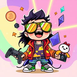 A humorous and vibrant illustration of a playful, cartoonish character representing a 'degen' culture, wearing oversized sunglasses and a colorful streetwear outfit