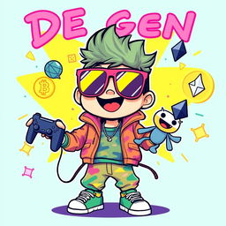 A humorous and vibrant illustration of a playful, cartoonish character representing a 'degen' culture, wearing oversized sunglasses and a colorful streetwear outfit