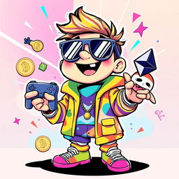 A humorous and vibrant illustration of a playful, cartoonish character representing a 'degen' culture, wearing oversized sunglasses and a colorful streetwear outfit